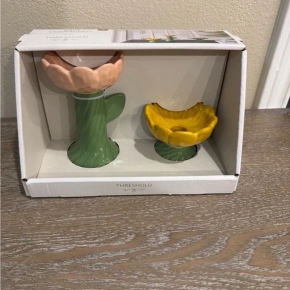 NWT Threshold Flower Ceramic Candelabra Cactus Flower Candle Holders set Spring - Picture 3 of 7